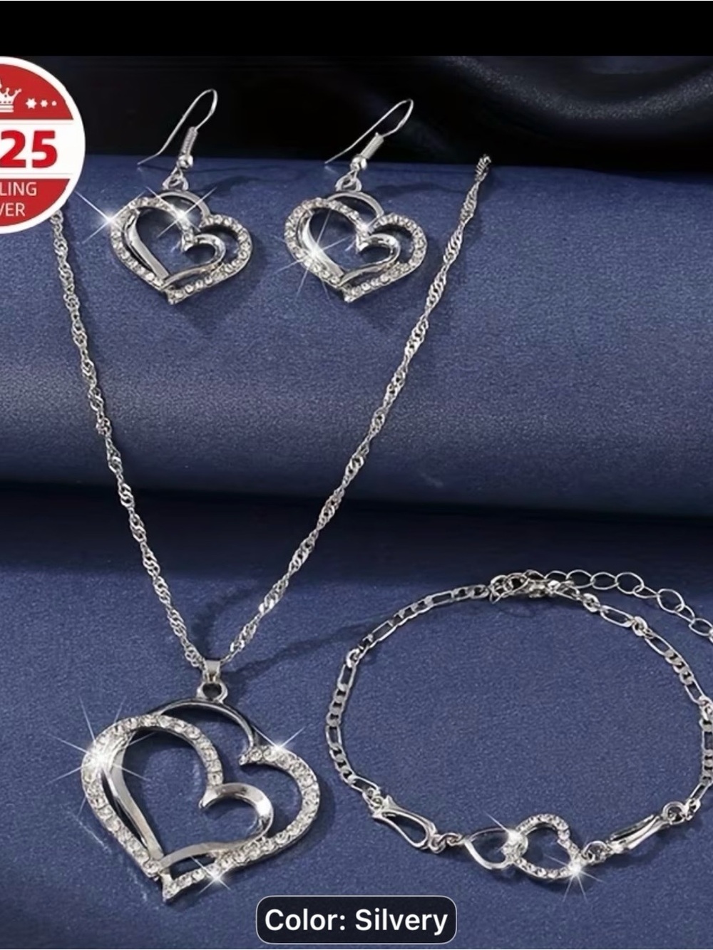 Silvery Heart Pendant Necklace and Bracelet Set - Elegant Women’s Jewelry